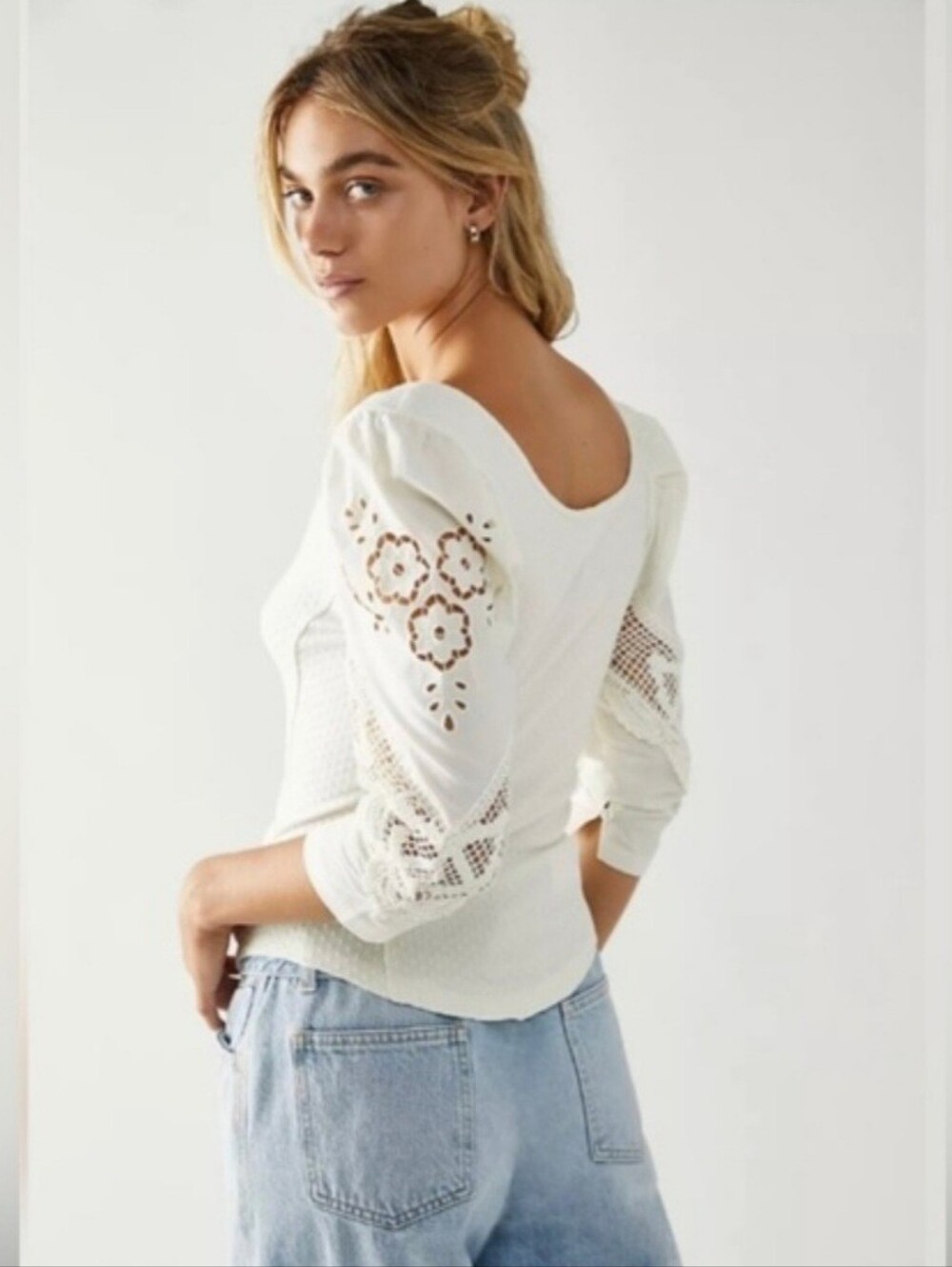Free People Brunch Date Off-White Top Ith Ivory Eyelet Sleeves - Picture 3 of 8